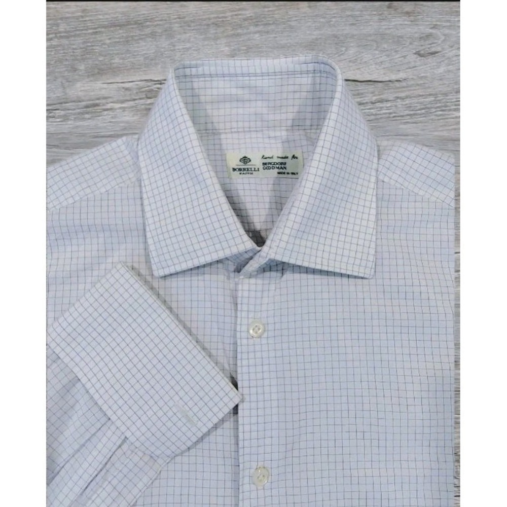 Borrelli Napoli French Cuffs Dress Shirt Mens Plaid 16 Made In Italy - Picture 1 of 13